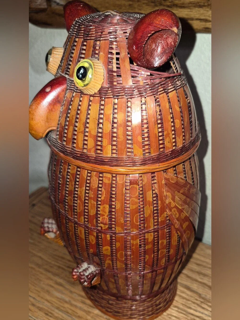 Vintage Lidded Owl Basket, Woven Wicker, RARE FIND!! 1970s